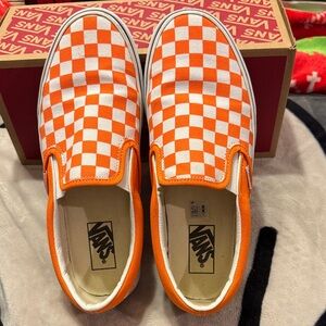 Vans Orange and White Checkered Slip-On Sneakers
